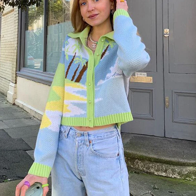 

OMCHION Poleras Mujer 2022 Fashion New Beach Coconut Single Breasted Sweater Coat Korean Long Sleeve Short Knitted Cardigan