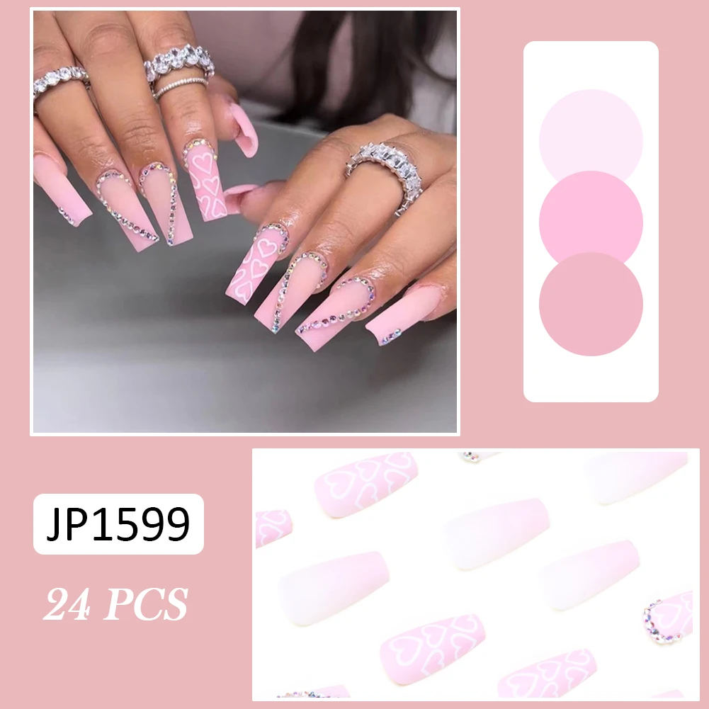 

24 шт. короткий пресс для ногтей Стразы и сердце сладкий стиль полное покрытие ногтей с желеобразным гелем/клей Готовые Ногти