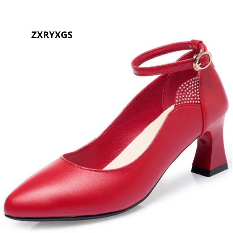 

ZXRYXGS 2022 New Pointed Rhinestones Head Layer Cowhide Shoes Women High Heeled Shoes Banquet Wedding Office Leather Shoes