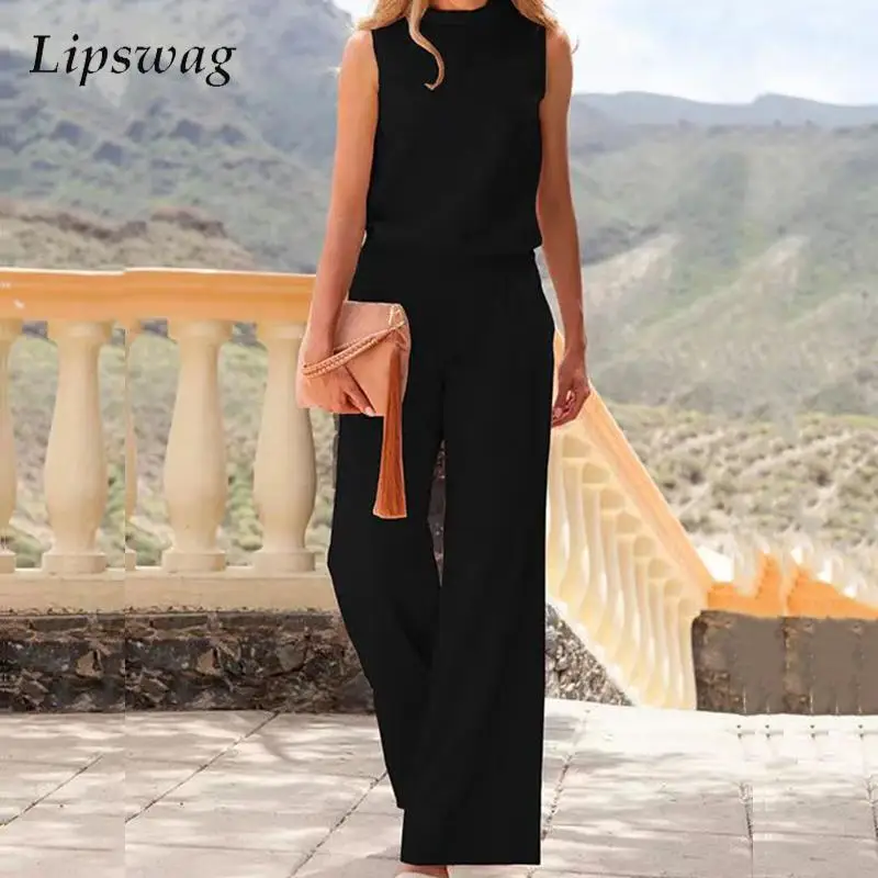 

Summer Sexy Sleeveless Solid Color Romper Office Ladies Wide Leg Loose Pants Playsuit Casual O-Neck High Waist Jumpsuit Overalls