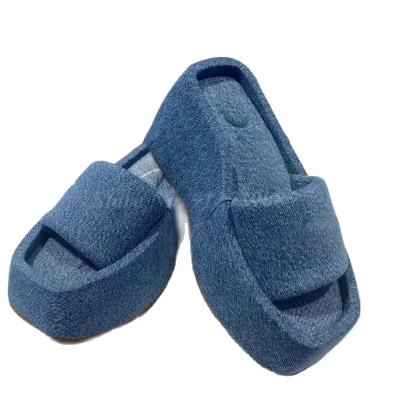 Denim Blue High Platform Slippers Modern Outside Women 2023 New Spring Fashion Design Sense Slim Height Increasing Shoes