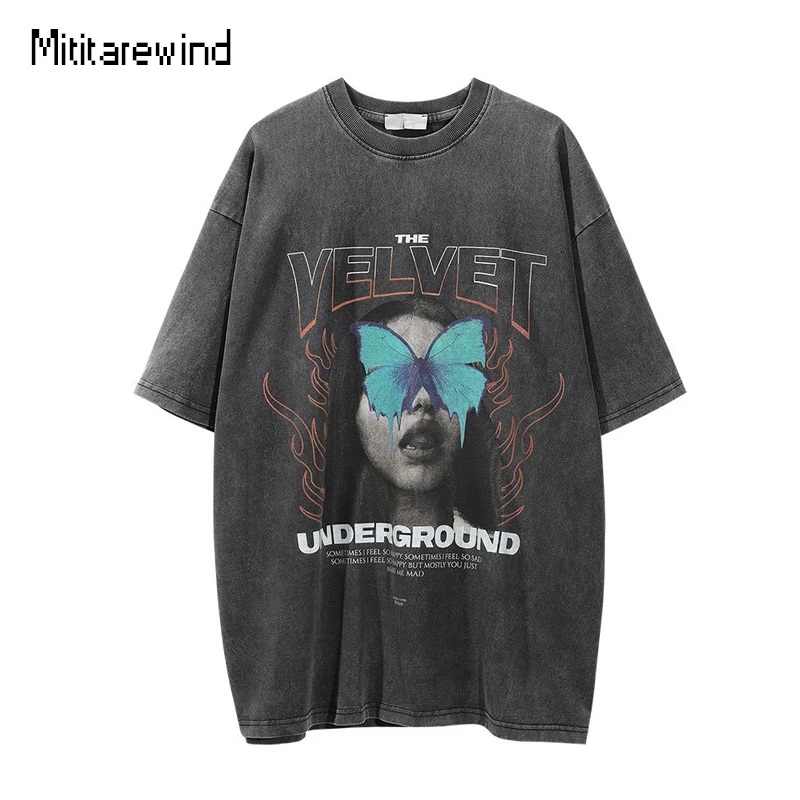 

Summer T Shirt Men Hip Hop Streetwear Butterfly Character Letter Printed Distressed Short Sleeve T Shirts Oversized Tops Tees
