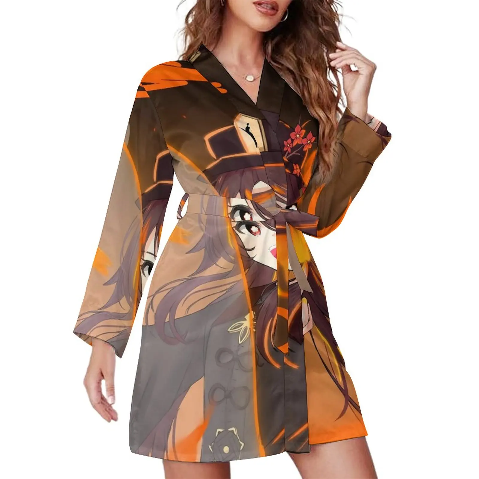 

Genshin Impact Pajama Robe Hu Tao Anime Long Sleeve Casual Pajamas Robes Female V Neck Romantic Nightgown Autumn Custom Dresses