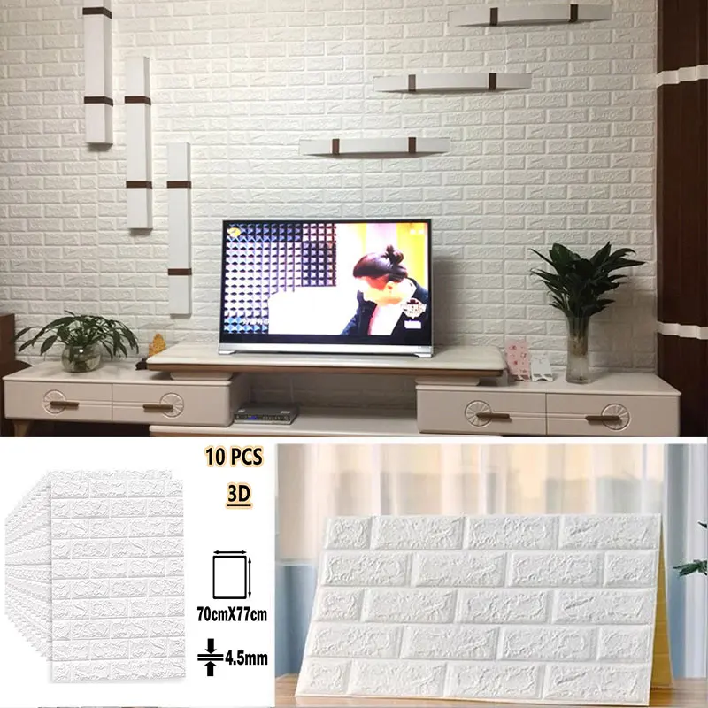 

10pcs 3D Self Adhesive Foam Wallpaper Home Decor Living Room Bedroom House Decoration Bathroom Waterproof Wall Stickers 70X77cm