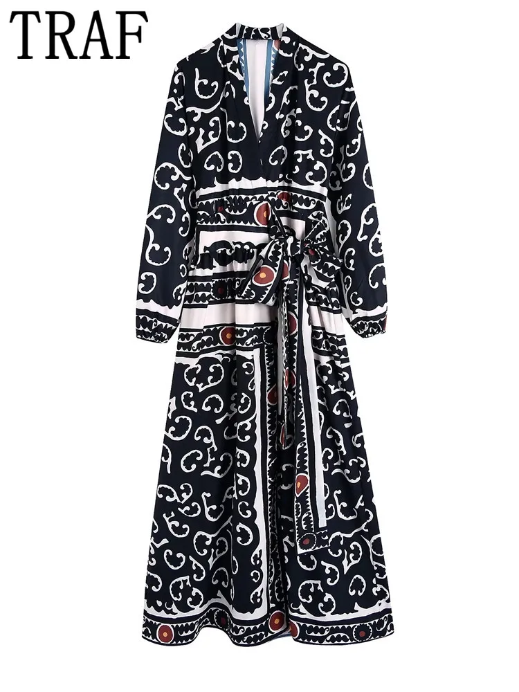 

TRAF Wrap Pareo Long Dress Women Printed Vintage Midi Dress Woman 2022 Long Sleeve Elegant Dresses Ladies Tied Exotic Dresses