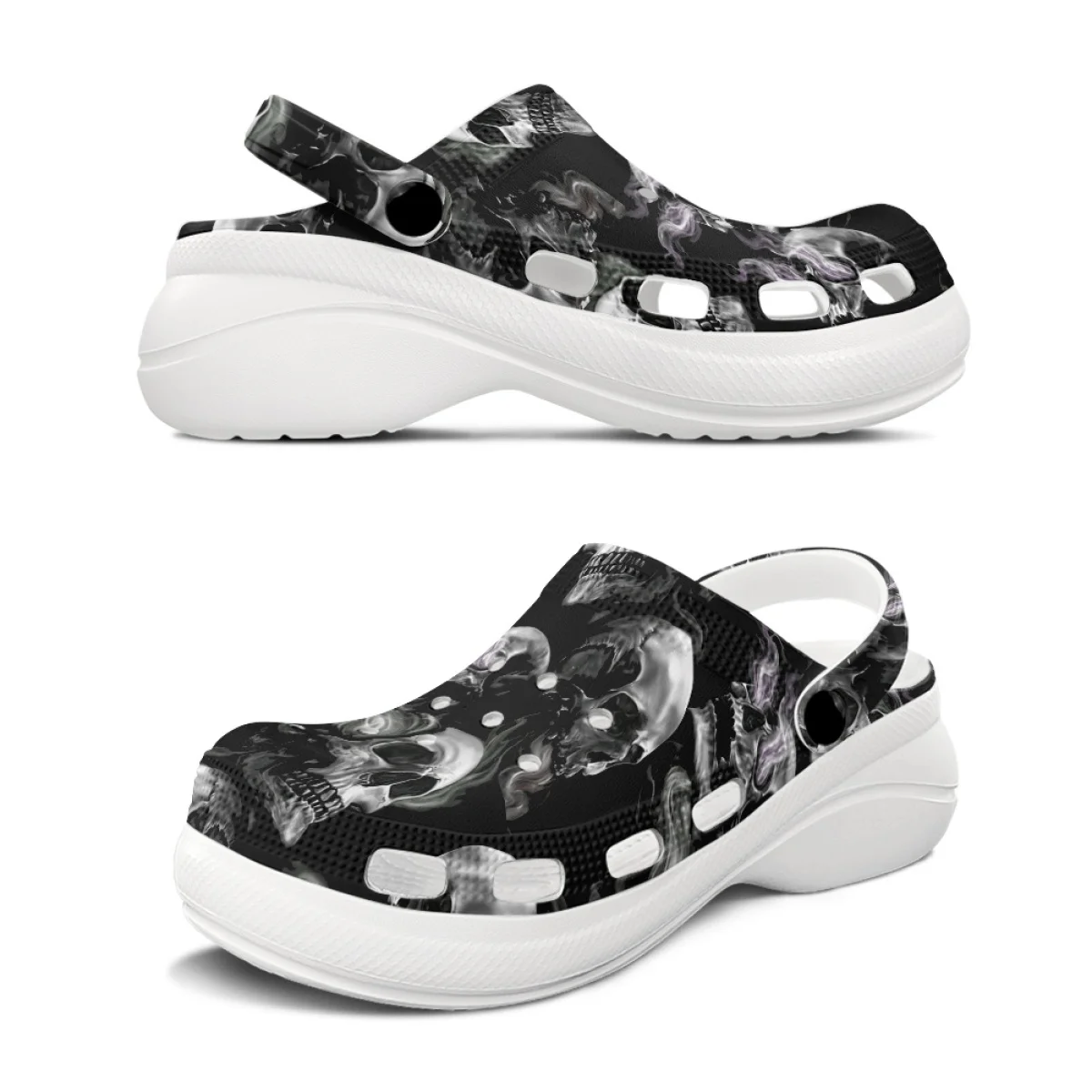 

Women Height Increasing Clogs Halloween Gift Ghotic Skull Print Breathable Comfortable Girls Outdoor Slippers Beach Garden Shoes