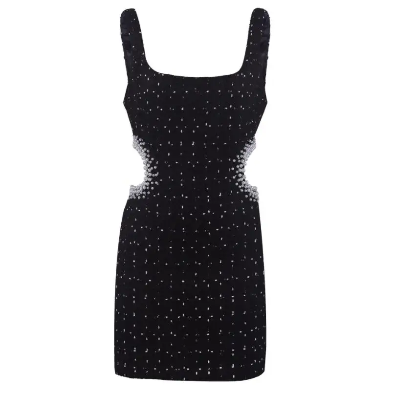 

Women Fashion With Pearl Beads Hollow Out Tweed Mini Dress 2022 Vintage Backless Zipper Wide Straps Female Dresses Vestidos w200