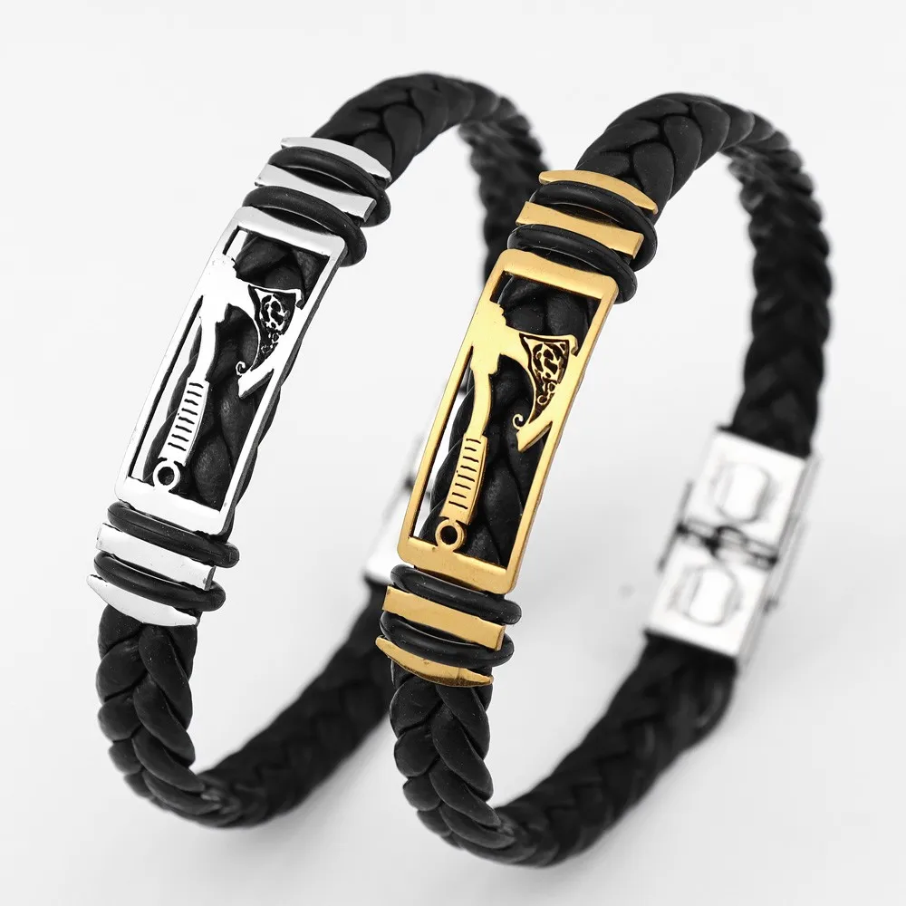 Новый Винтажный металлический плетеный кожаный браслет Tomahawk модный мужской