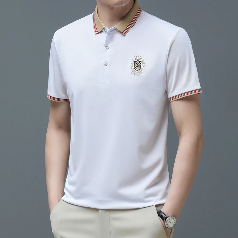 

Мужская рубашка-поло с коротким рукавом, однотонная Повседневная рубашка-поло с отложным воротником, деловая одежда, 2023