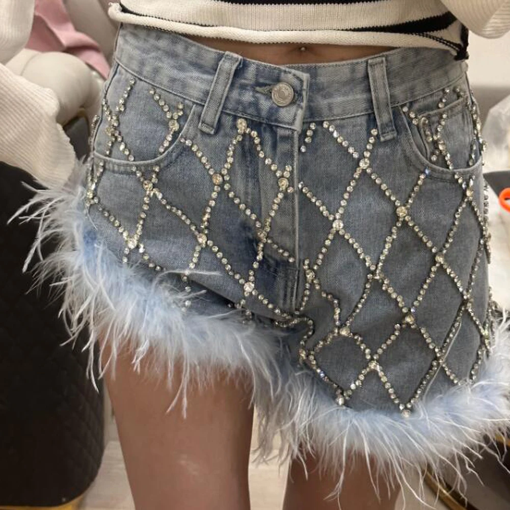 Women Denim Shorts with Feather Trim Diamonds Patchwork Solid Sexy Party Runway Fashion Blue Short Jeans Female Streetwear