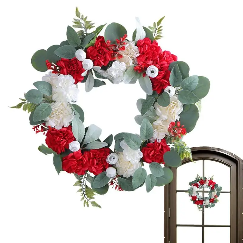

Spring Door Wreath Handmade Red And White Hydrangea Leaf Wreath Decorations Vines Wreath For Patio Garden Porch Farmhouse