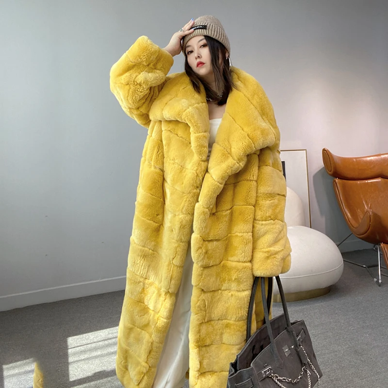 Enlarge Natural Rex Rabbit Yellow Fur Coat Women Fashion Luxury Cozy Outertwear Lapel Straight Loose Real Chinchilla Fur Jacket Female