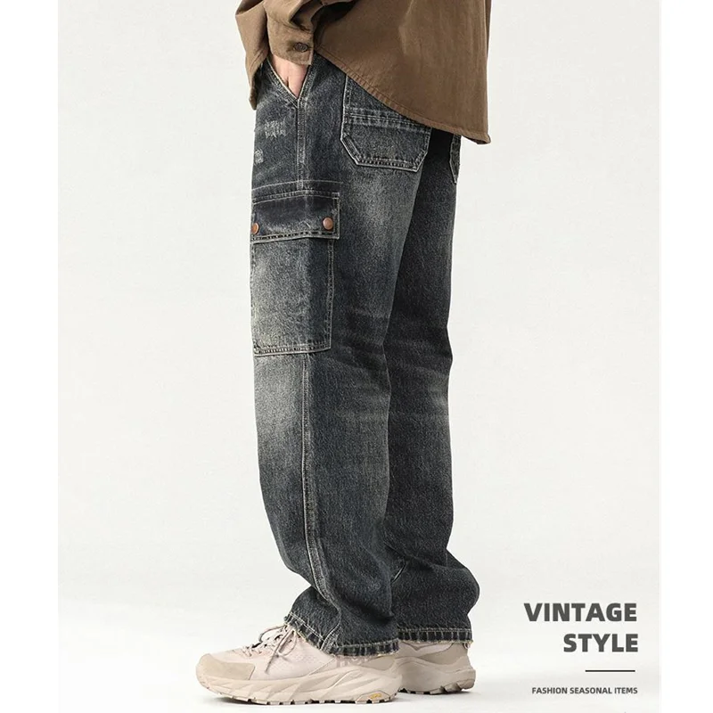 Men's Pattern Vintage Recreational Blue Black Multiple Pockets Jeans Loose Straight Cylinder Broad Leg Trousers Autumn Female