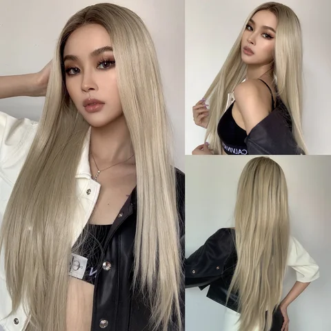 ALAN EATON Long Silky Straight Hair Synthetic Lace Front Wigs Natural Hairline Middle Part  Ombre Brown Blonde Wigs for Women