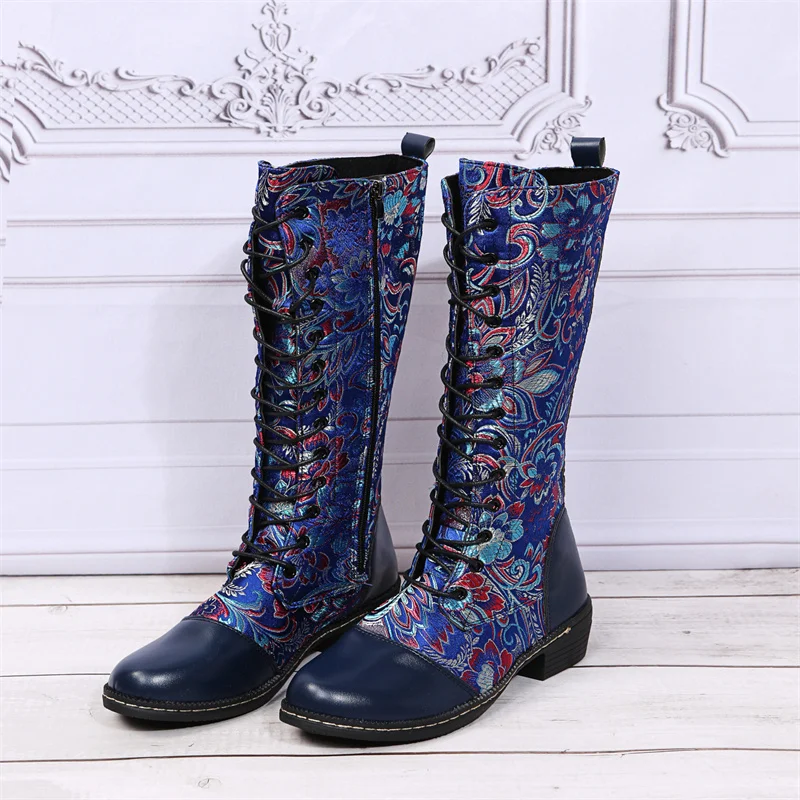 Bohemian Mid-calf Boots Women Sheep Leather Vintage Winter Boots Women Shoes Woman Zipper Chunky Block Heel Ladies Shoes