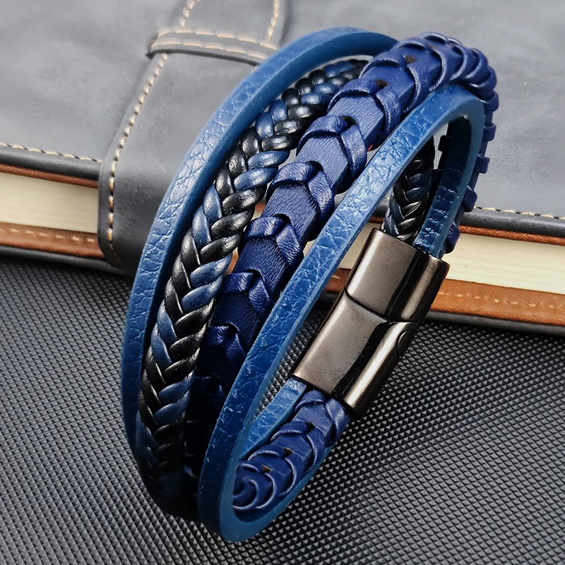 

Плетеный веревочный тканый 4-слойный синий кожаный мужской браслет в стиле панк браслет из нержавеющей стали для друга очаровательные Модные Ювелирные изделия Подарки