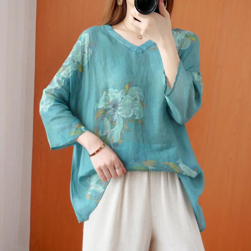 

Женская футболка, модные блузки 2023, Летние повседневные свободные женские футболки с V-образным вырезом и рукавом три четверти, рубашки для ...