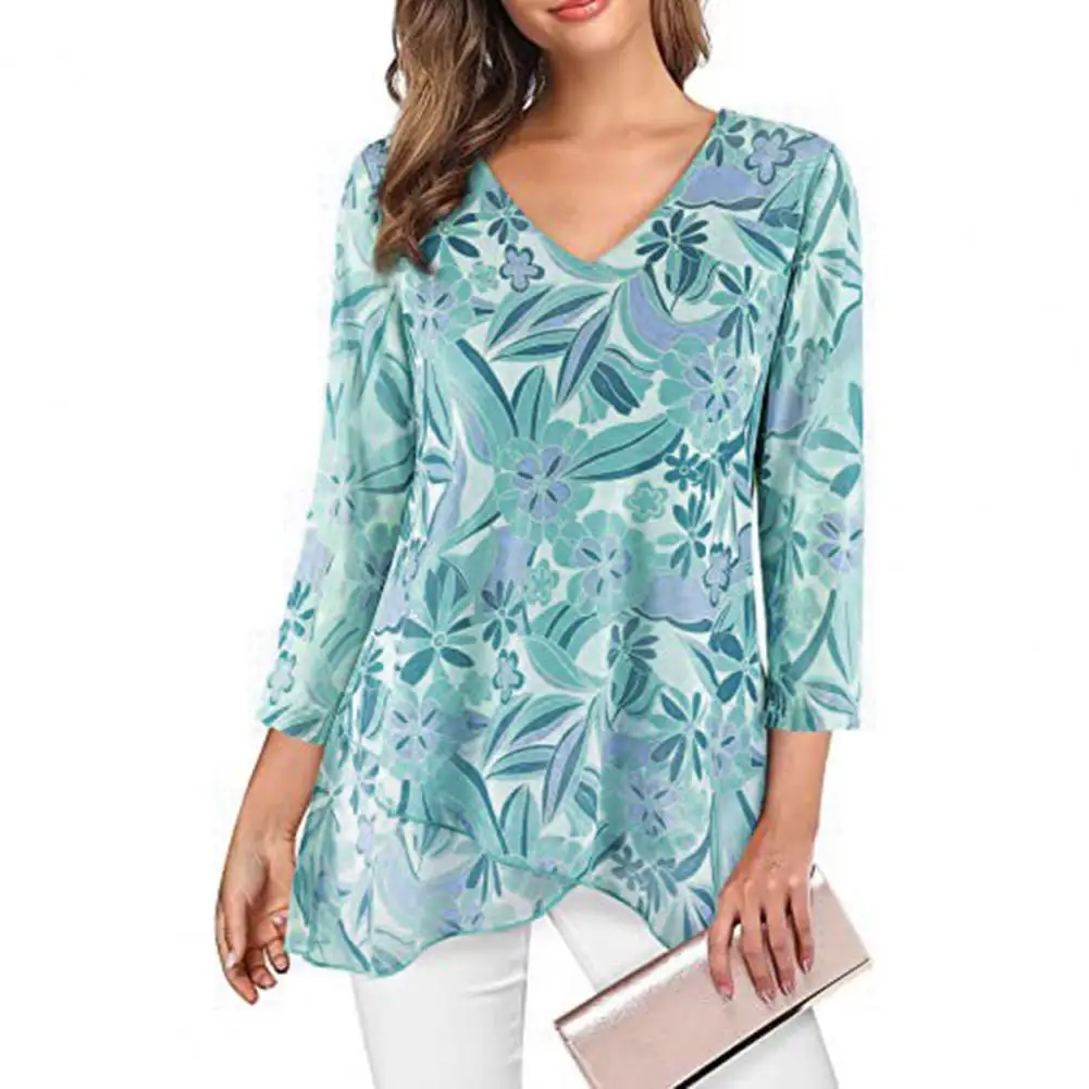 

Women Top V Neck Print Three Quarter Sleeve Asymmetric Hem Loose Hem Soft Pullover Thin Soft Pullover Lady Fall Spring T-shirt