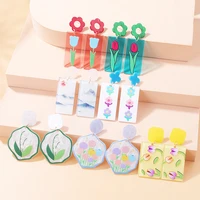 2022 embossed printing bohemian holiday style flowers plants leaves spring and summer colorful acrylic earrings for women girl