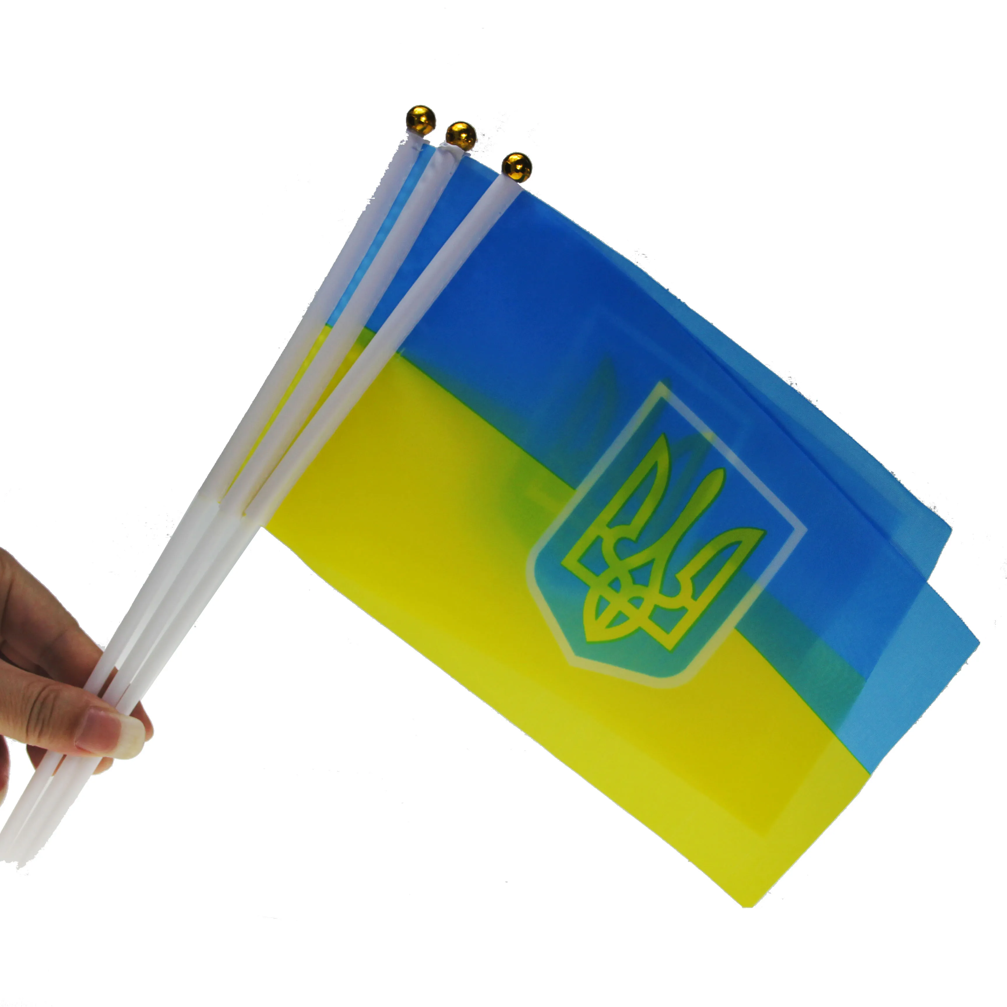 

100 шт. флаг бангера, флаг Украины с государственной эмблемой, 14*21 см, ручной миниатюрный флаг с устойчивостью к выцветанию