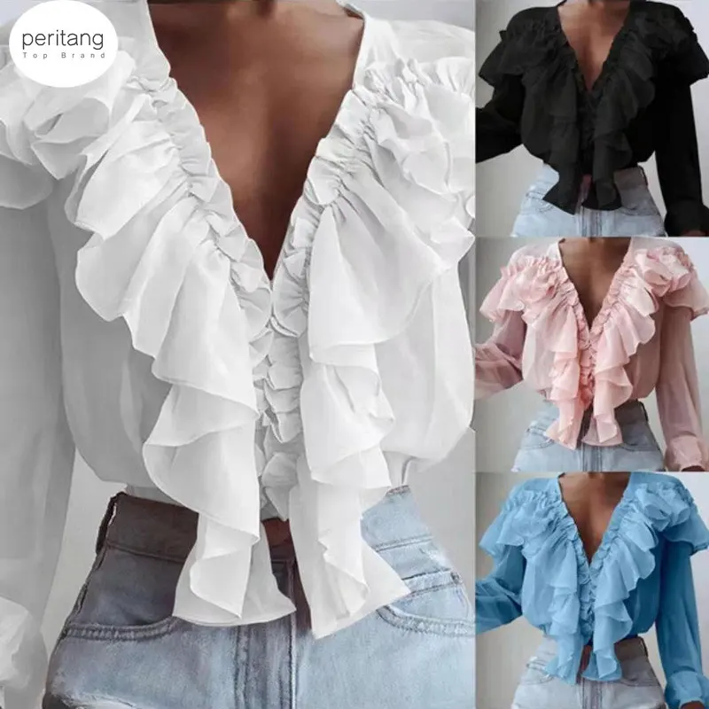 

2023 Summer Women Ruffled Blouses Celmia Stylish Tops Sexy V Neck Long Sleeve Shirt Elegant Casual Buttons Sweet Party Blusas