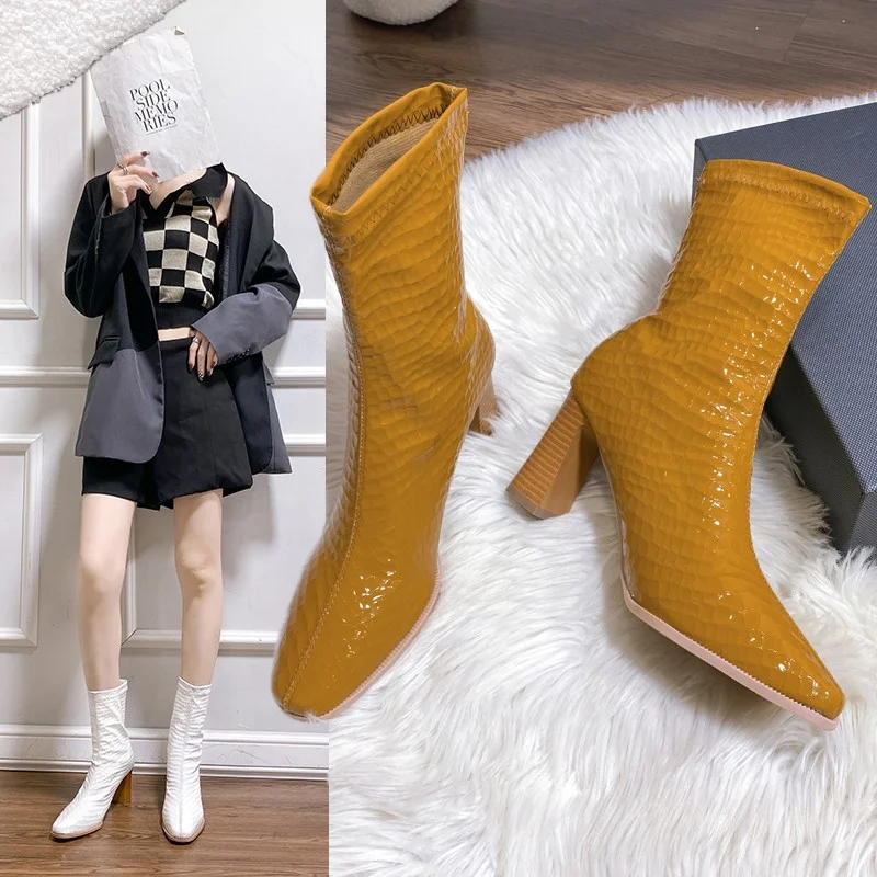 Women's Short Boots Autumn and Winter New Fashion Chunky High Heels 2023 Crocodile Pattern Leather Casual Women's Boots Femenino