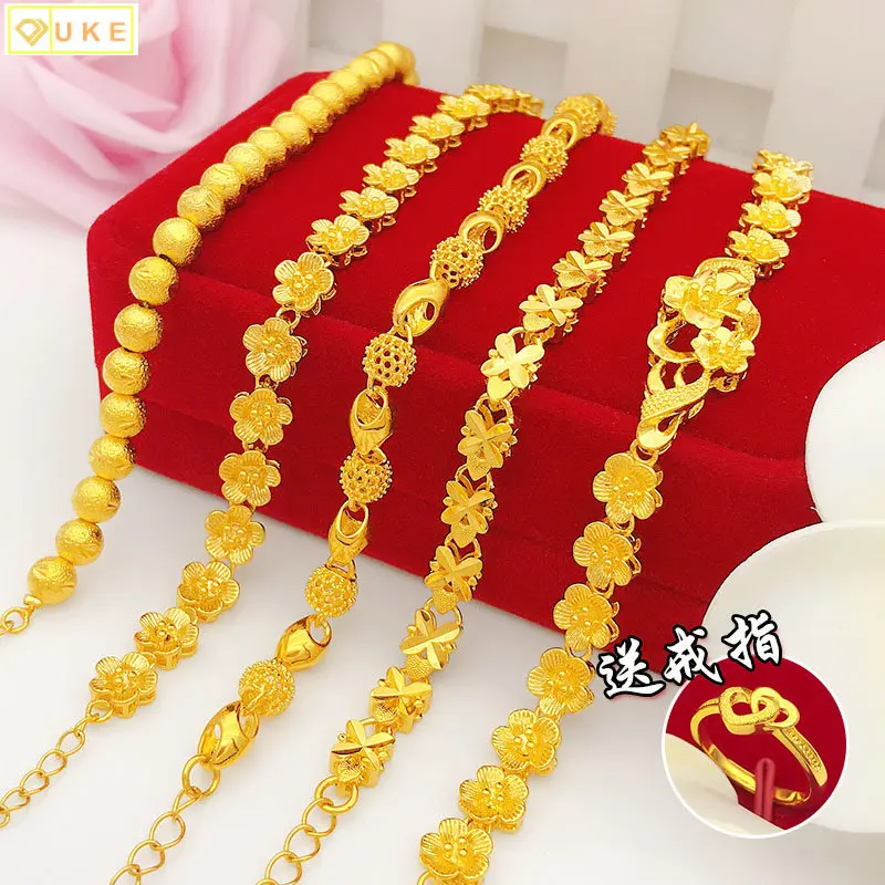 

100% 24K Real Gold 18K 999 Flower Bracelet Female Fashion Jewelry Four-Leaf Clover Snake Bone Bangle For Women's GIfts