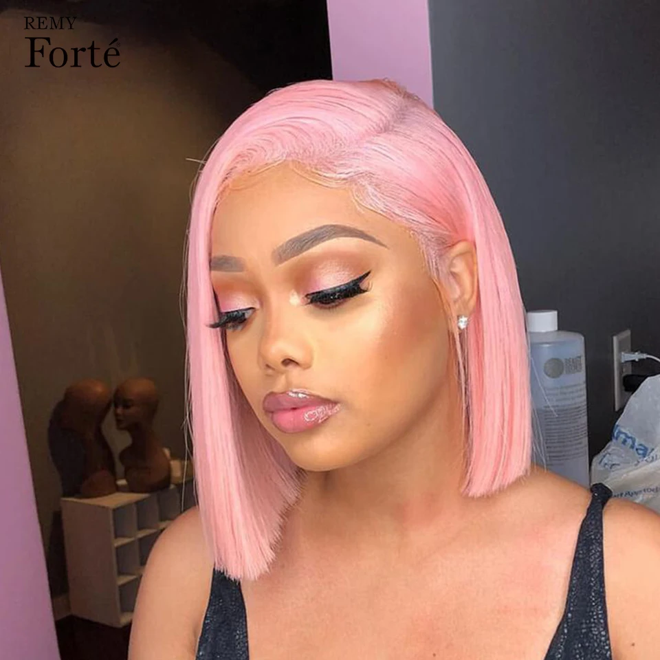 Pink Bob Short Cut Wigs Blonde Straight Lace Front Human Hair Wigs 180D Transparent Lace Pre Plucked Brazilian Bob Lace Wigs