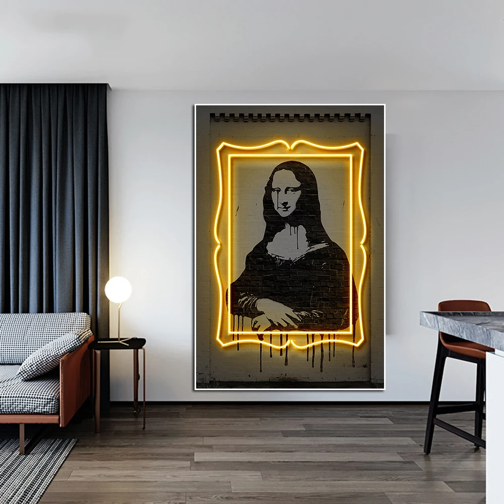 

Neon Effect Mona Lisa Portrait Canvas Painting Funny Mona Lisa Poster And Print Nordic Wall Art Living Room Home Decoration Gift