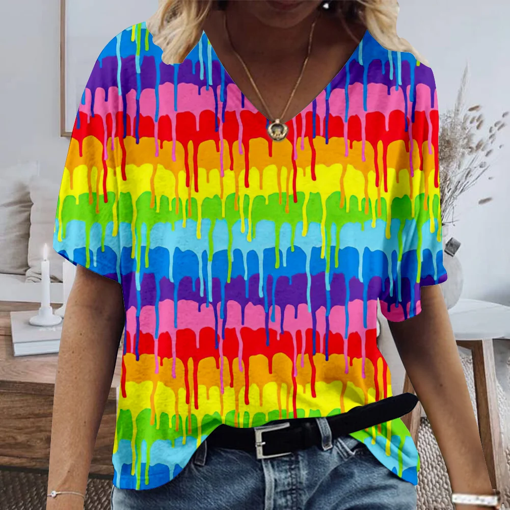 Kanchiii summer 2022 new women's fashion T-shirt 3D printing simple solid color picture breathable comfortable touch rainbow