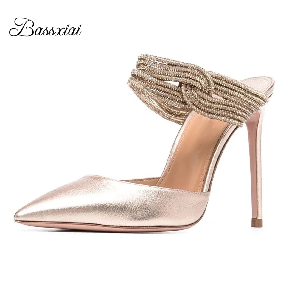 

Twist Diamond Crystal Narrow Band Sandals Women 10cm Stiletto Heel Sexy Pointed Toe Genuine Leather Slingbacks Mules Summer