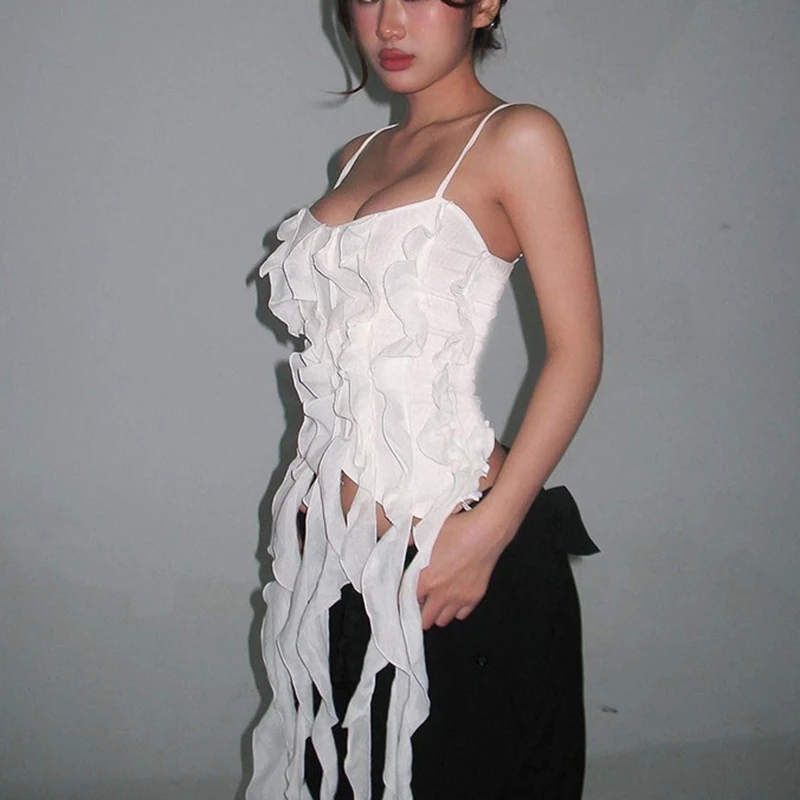 

2023 Fashion Summer Women Sleeveless Camisole Crop Slim Tank Tops Ruffles Tassel Camis Solid Black White Tube Top Sexy Vest