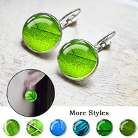fashion green leaf silver color earrings creative glass cabochon leaf vein texture hoop earrings for women summer jewelry
