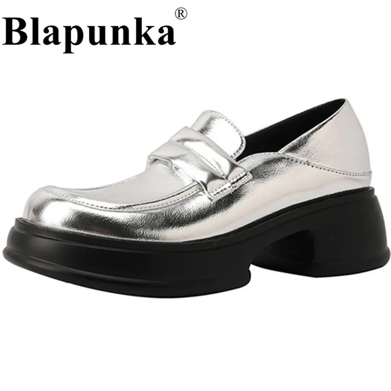 

Blapunka Woman Sheepskin Leather Loafers Chunky Heels Thick Platforms Goth Shoes Round Toe Silver Slip-ons Shoes Chic Trendy INS
