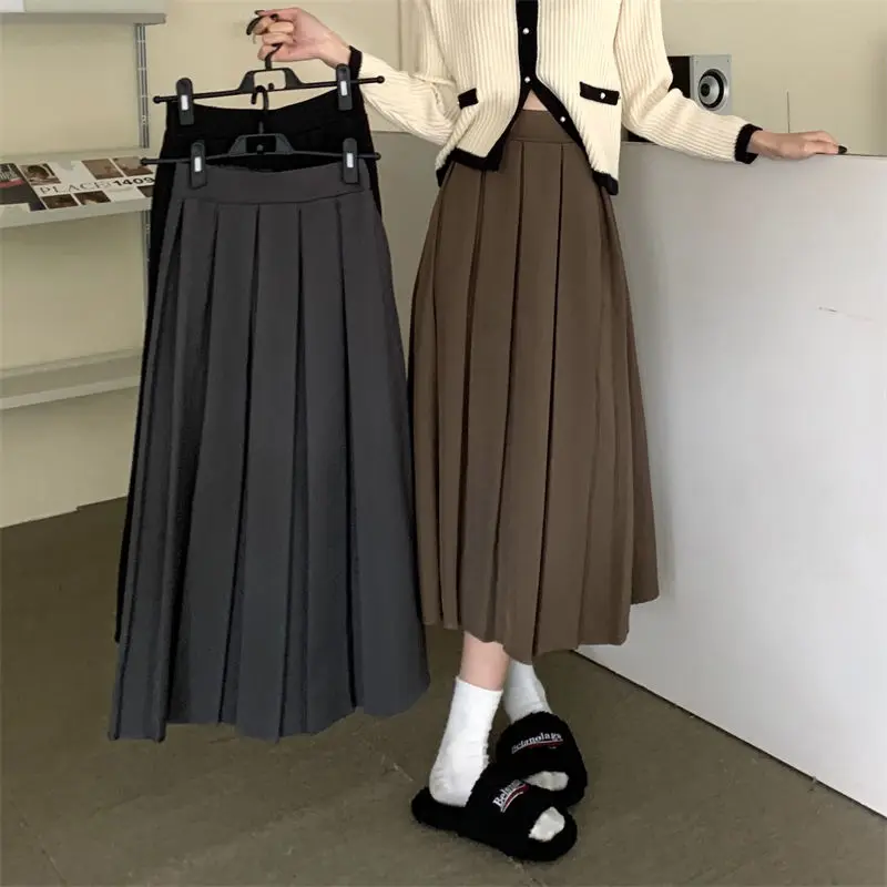 Maxi Long Harajuku Formal Solid All Match Office Lady High Waist A Line Pleated Fashion Retro Ladies Holiday Korean Style Skirt