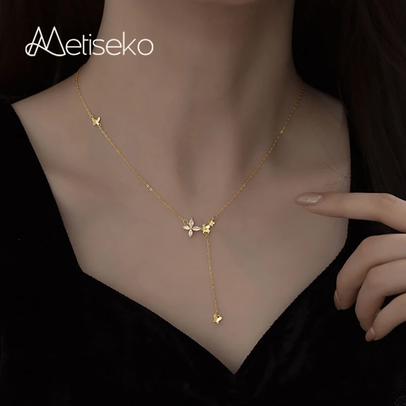 

Metiseko 925 Sterling Silver Flower Butterfly Choker Necklace 4-Leaf Clover Pendant Tassel Chain Necklace for Woman Party Gift