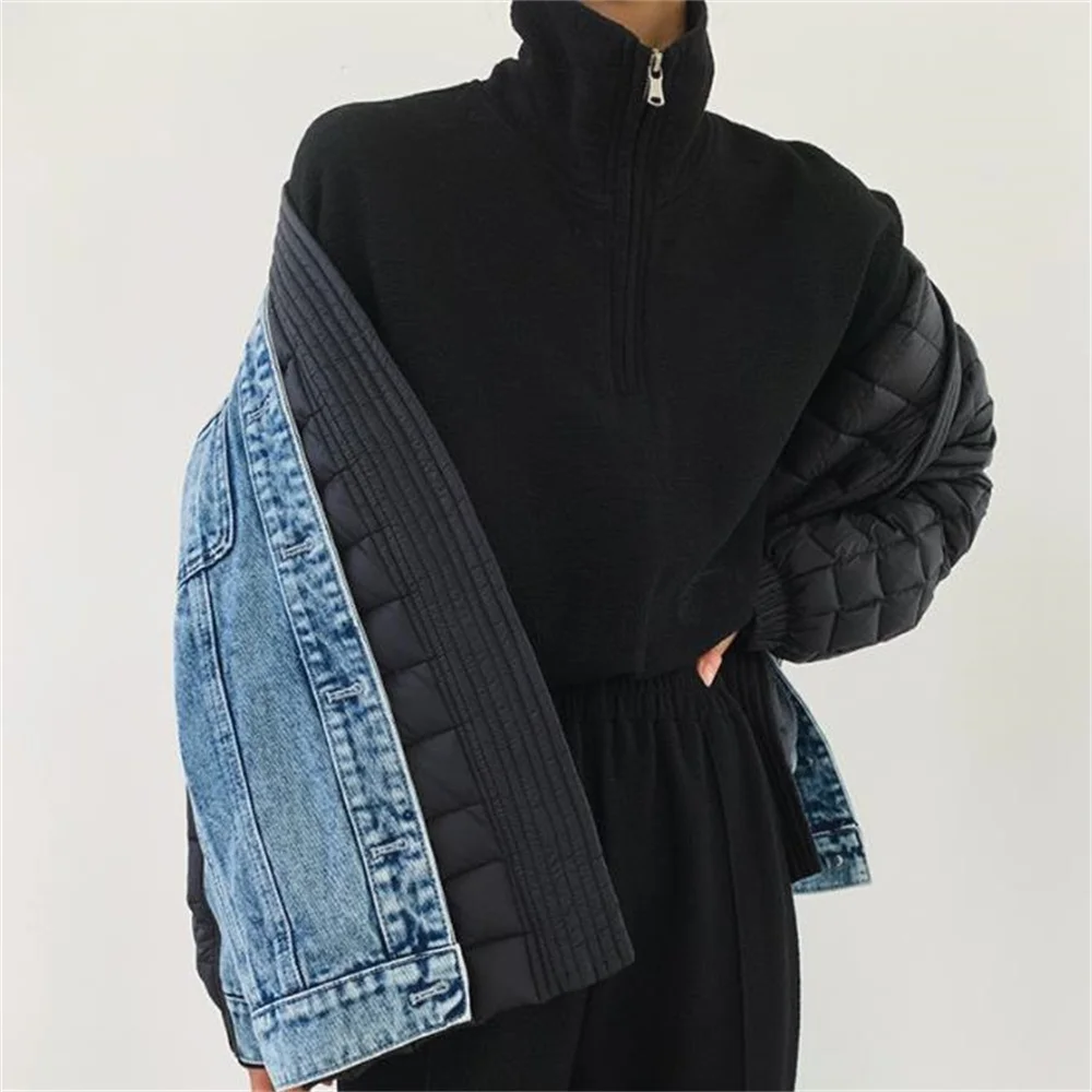 

New denim splicing down jacket Women's white duck down winter long fashion winter coat