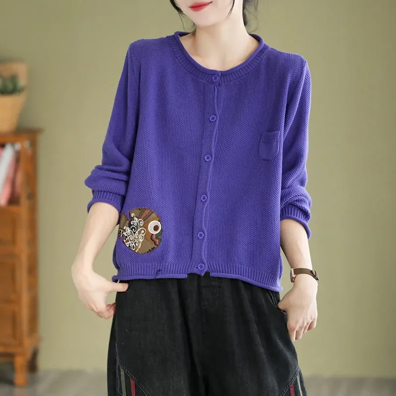Винтажный кардиган с круглым вырезом и этнической вышивкой женский свободный