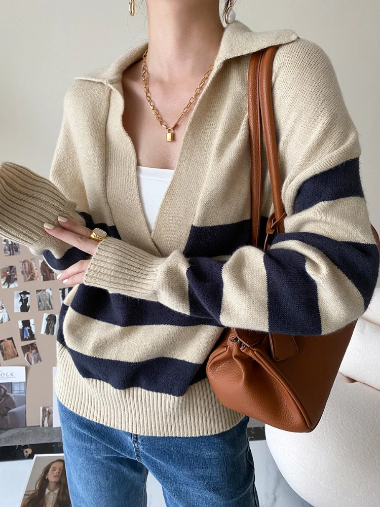 Пуловер свитер женский свободный осенне-зимний рукав короткая поло с длинными