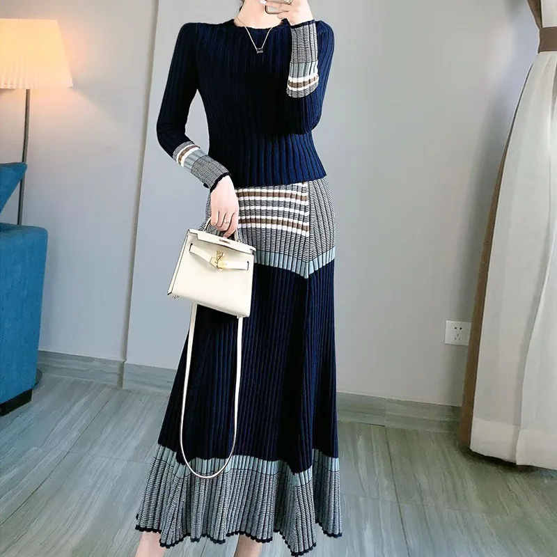 

Женский трикотажный комплект из 2 предметов, укороченный пуловер и юбка в полоску, элегантная винтажная одежда в Корейском стиле для весны и осени, 2022