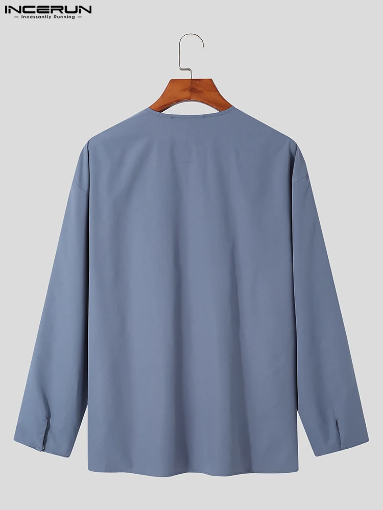 Fashion Casual Style Tops INCERUN New Men's Solid Simple Collarless Blouse Handsome Male Zippered Long-sleeve Shirts S-5XL 2022