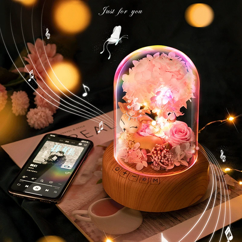 

2 In 1 Gift Beauty and The Beast Preserved Roses In Glass Galaxy Rose Flower LED Light Artificial Flowers bluetooth speaker