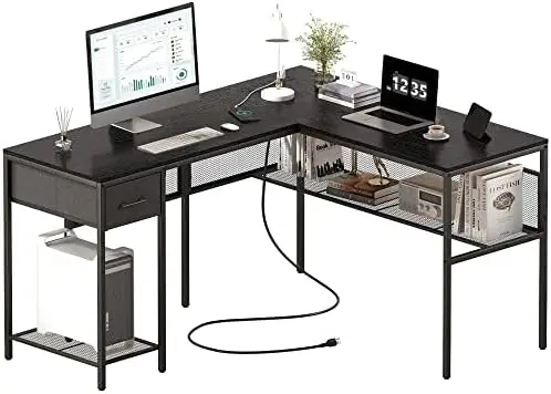 

Shaped Desk with Power Outlets, Computer Desk with Drawer, Reversible Corner Desk with Grid Storage Bookshelf, Home Office Desk,