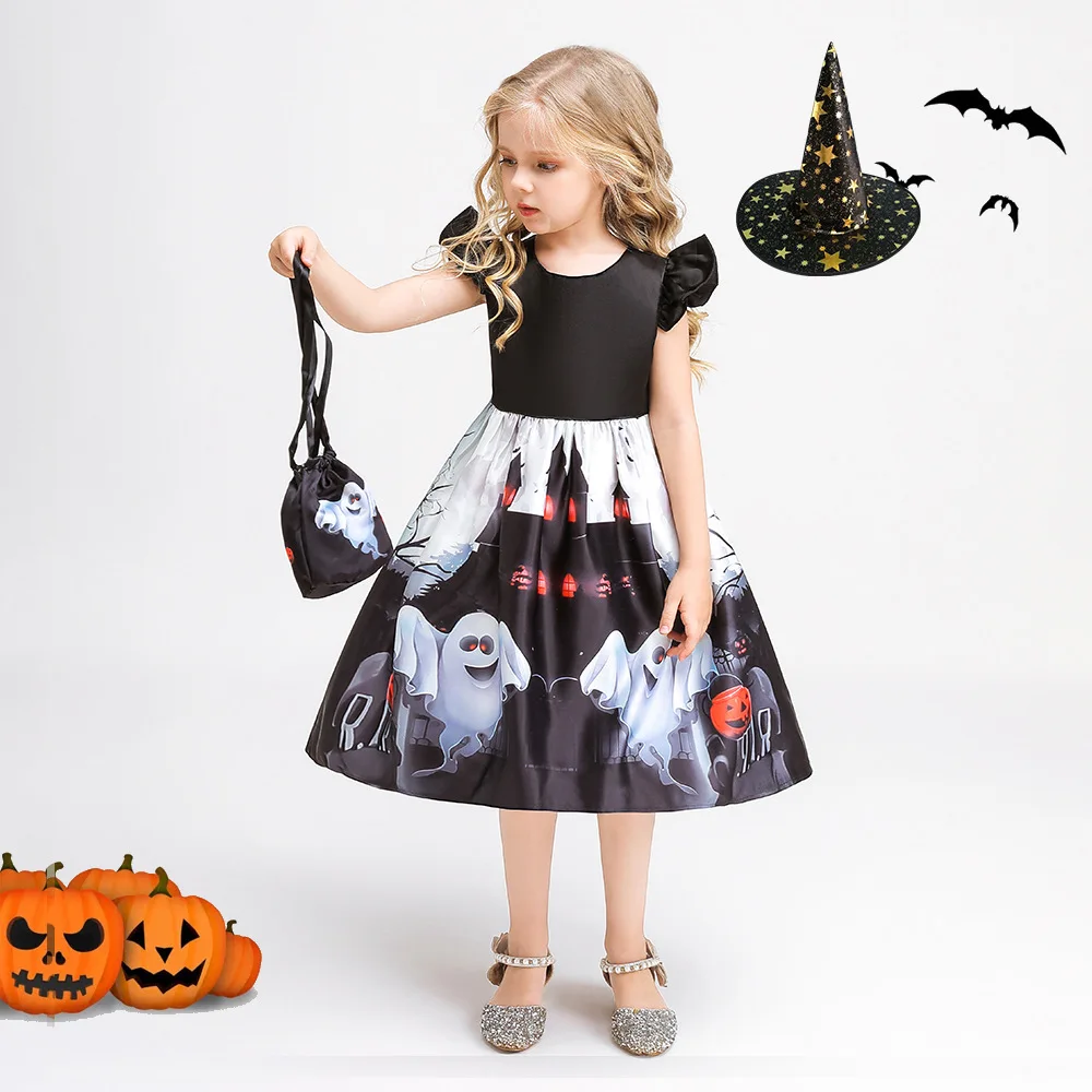 2022 New Girl Dress With Hat Bag Cartoon Print Flower Princess Halloween Performance Ins Cloth Ball Gowns YT006