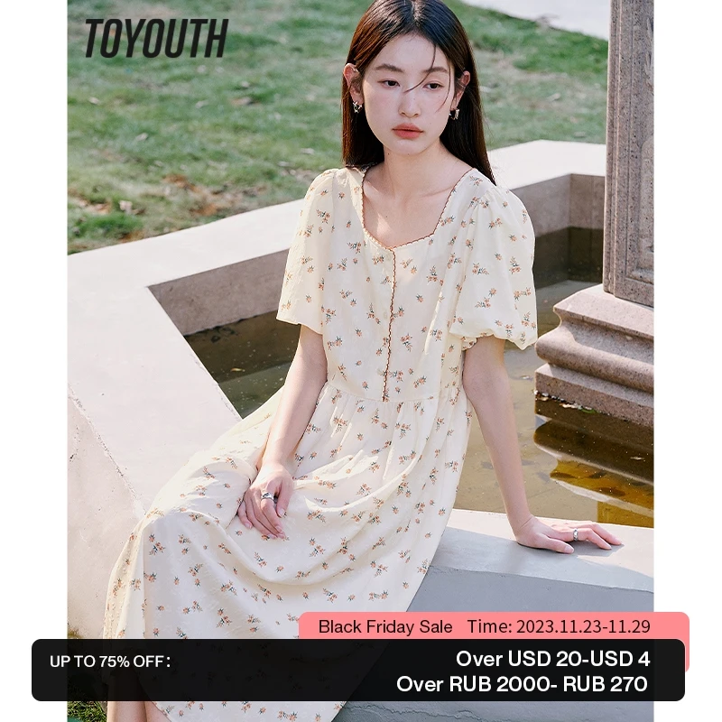 

Toyouth Women Dress 2023 Summer Puff Sleeves Square Neck A-shape Slim Waist Full Floral Print Sweet Cute Mid-length Skirt