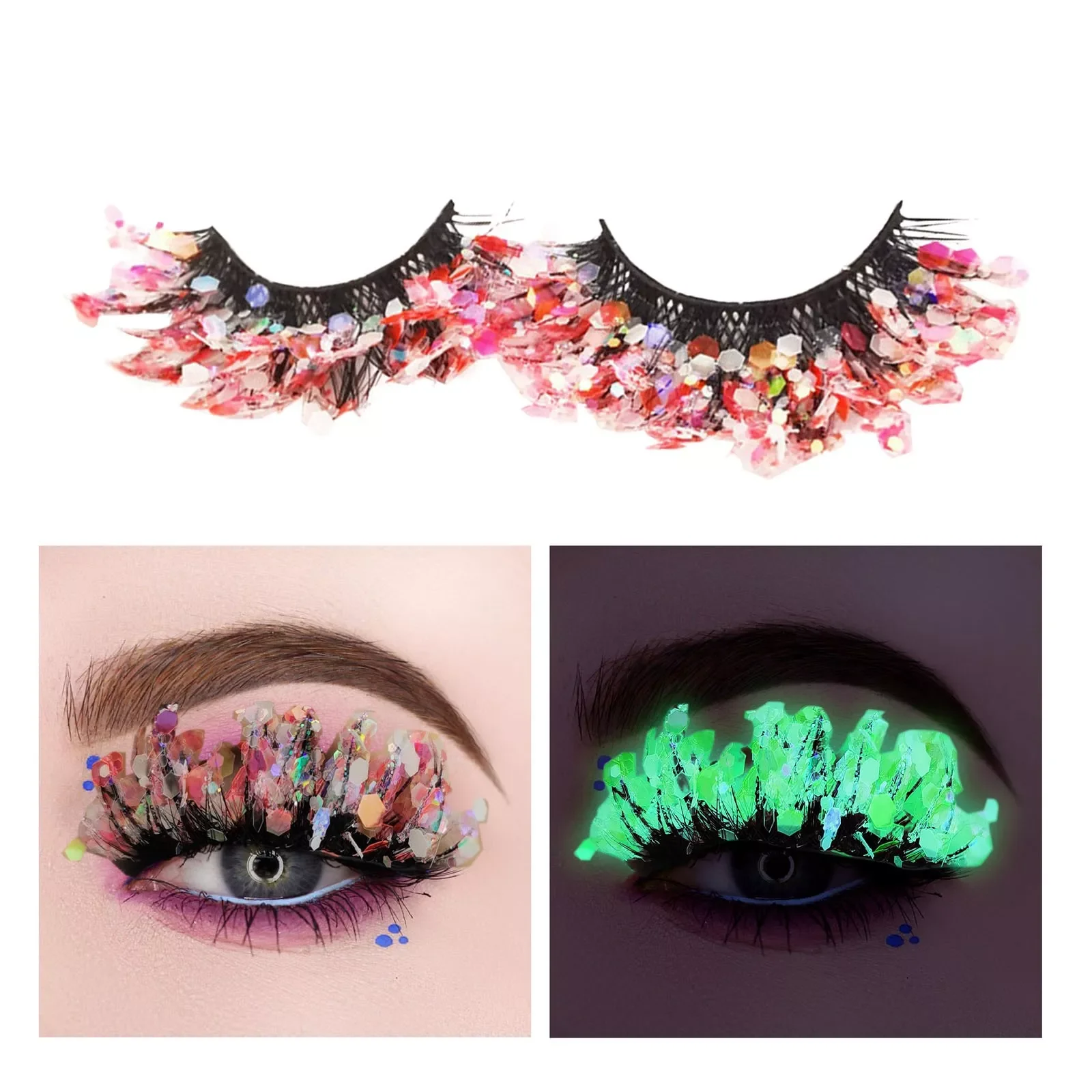 

NEW2023 Color Sequins Glow In The Dark False Eyelashes Starry Night Fluorescent Color Changing Shiny Half Eye Lashes Sets Pack w