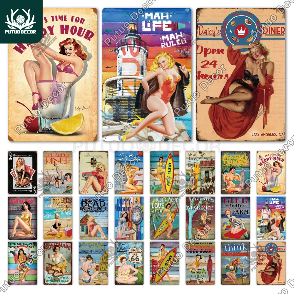 

Putuo Decor Pin Up Girl Plaque Metal Plate Vintage Sexy Tin Sign Retro Poster for Bar Pub Club Man Cave Room Wall Decor