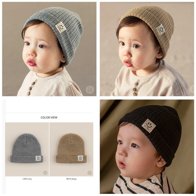 

Solid Color Baby Hat Boy Girl Cartoon Smile Embroidery Winter Kids Knitted Hats Children Warm Beanies Child Caps For Babies