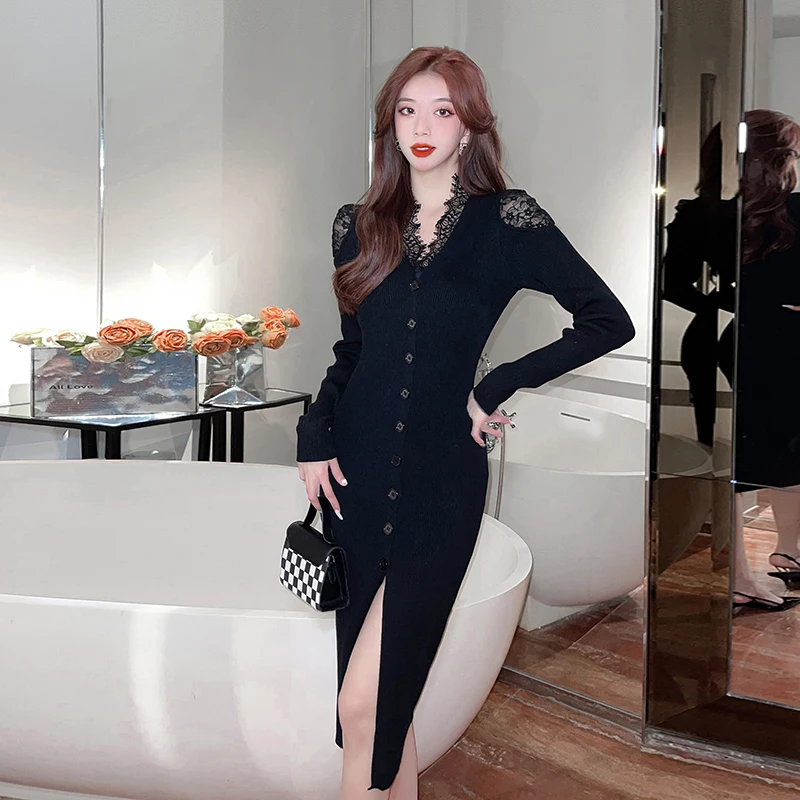 

French Slim Knitted Lace Splice V-Neck Long Dress Temperament Sexy Overlay Sweater Wrap Hip Dress