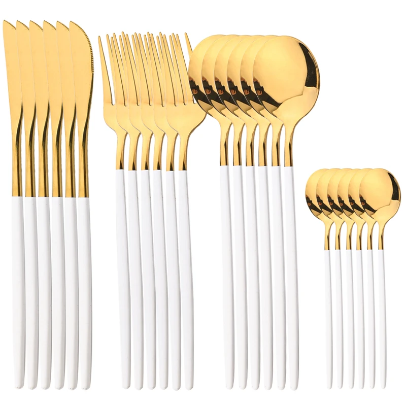 

24Pcs Cutlery Set Western Stainless Steel Dinnerware Spoon Fork Knife White Gold Tableware Mirror Cutlery Kitchen Flatware Set